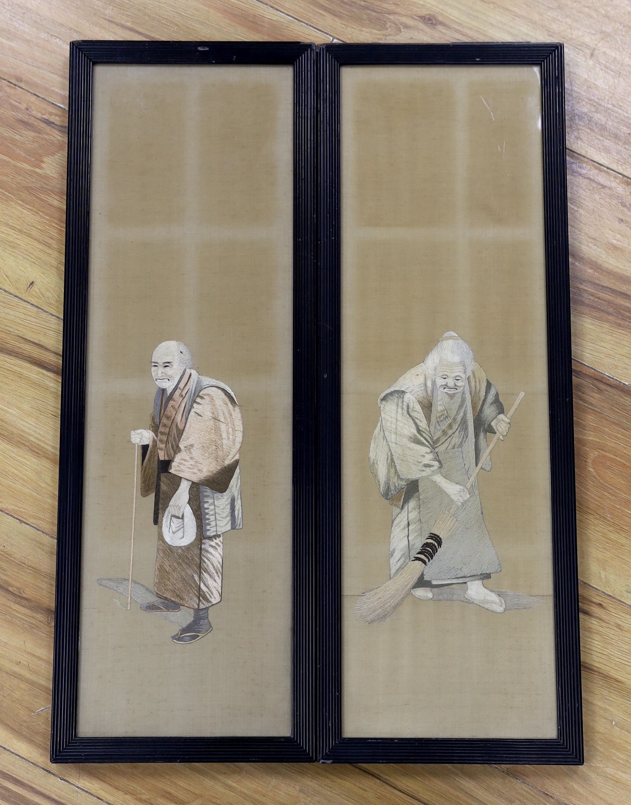 Two Japanese silk panels embroidered with elders, 54 x 16.5cm
